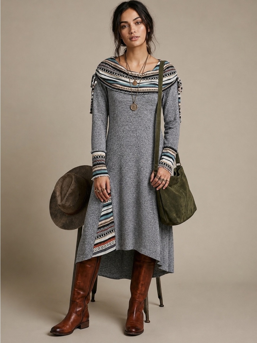 Gray Knit Aztec Tribal Cowl Neck Midi Maxi Dress Button Accent Small NWT